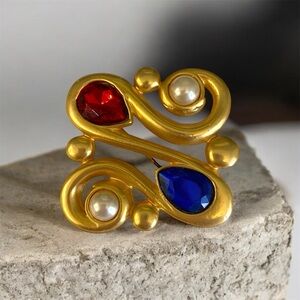 Style & Co. Gold Brooch with Red and Blue Gems